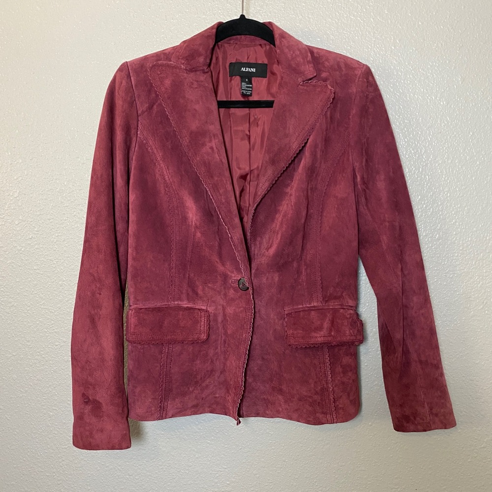 Burgundy Suede Blazer Jacket Small 100% Genuine Leather Autumn Fall Retro
